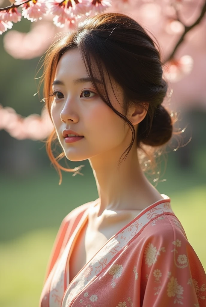 An elegantly dressed Japanese woman in natural light、A close-up of her chest and calm expression.、It shows her inner peace and outer charm.。