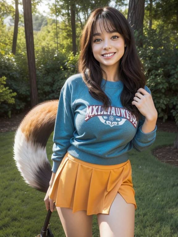 ((Highest quality, 8k)), ((masterpiece)), (Highest Resolution), Perfect Face, Fox Woman, Female college student, Beautiful woman, Outdoor, Only one tail, she has thick thighs, Her large tail, She has an orange fox tail, She wags her tail, Smiling with teeth showing, Fur collar, She's wearing a shirt and a short skirt., Plump Breasts, Beautiful Hips , A fox tail sticks out from the skirt.