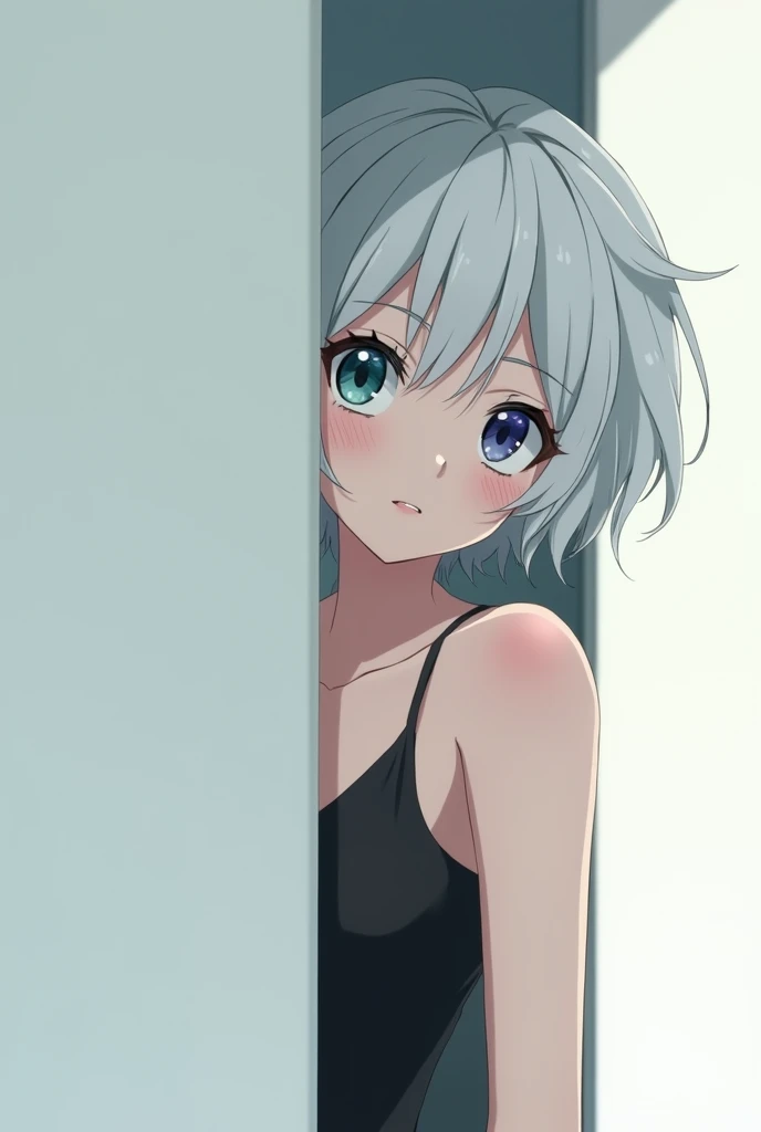 anime style, young adult woman, with one blue eye and one green eye, short white hair.
The woman is partially concealed behind a vertical white surface., possibly behind a wall or panel.
Her body is mostly hidden, with only her right arm and part of her left shoulder visible.
She's leaning slightly forward, peering from the edge of the white surface, as if she's spying or looking curiously ahead.