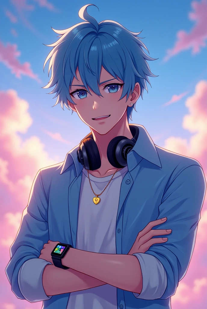Handsome anime Add headphone sky blue hair add smile add smartwatch add v locket