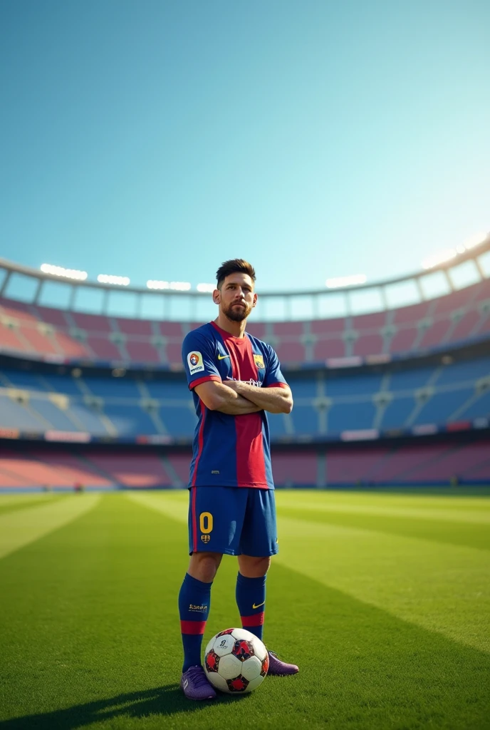 Football ground without any palyer acept Lionel Messi. Messi's face is in front of camera with a football 