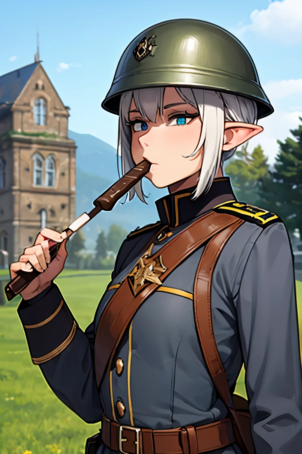 Germany,Many German soldiers,Prussian steel helmet,Grey uniform,military uniform , Many soldiers., Eating a candy bar , Elf soldier, Orc soldier , human soldier , ((Vibrant colors))