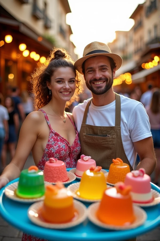 A man and a woman selling desserts and gelatin with a blue tray