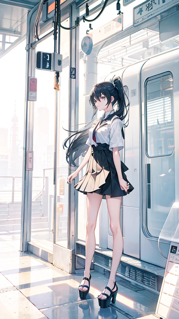 The scene unfolds on a sun-drenched train platform. An anime-style character stands there, her long hair elegantly tied in a side ponytail. She wears a crisp white shirt with rolled-up sleeves, paired with a short skirt. Her gaze is fixed intently on a smartphone she holds, perhaps lost in thought or awaiting a message.
The platform itself is devoid of other travelers, amplifying the sense of solitude. Sunlight casts sharp shadows across the concrete, while transparent walls reveal glimpses of the cityscape beyond. Metal beams overhead add a modern touch, and the overall ambiance exudes calmness and quiet reflection.
This image captures a moment suspended in time—a blend of modernity, stillness, and the anticipation of trains arriving or departing. It invites contemplation and evokes a sense of both connection and isolation.
Feel free to explore this scene further, and let your imagination weave stories around this character and her surroundings! 🌟