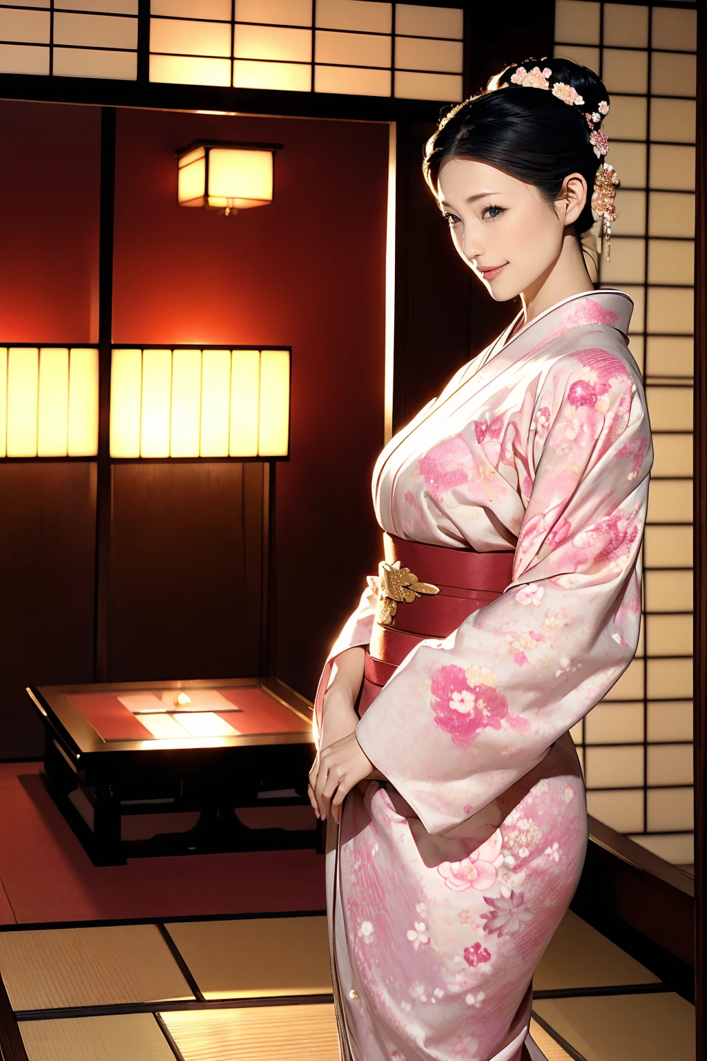 (Highest quality、Tabletop、Best image quality、Award-winning works)、 Beautiful hostess、(A beautiful kimono with an elegant and gorgeous floral pattern:1.3)、Perfect female portrait photography、Glowing Skin、Standing Elegantly、(Elegant blurred background of a Japanese-style room in a luxury ryokan:1.3)、(The most elegant Japanese style room:1.1)、(Elegant and beautiful shoji screens:1.1)、(Elegant and beautiful sliding doors:1.1)、Tatami room、(An elegant and perfect Japanese-style room:1.1)、(The most romantic and moody:1.1)、(Tyndall effect:1.2)、Great cinema lighting、Glowing Skin、smile、(Large Breasts:1.1)、(Voluptuous body:1.1)、Accentuate your body lines、Upper body photo、Hair Bun、smile、Standing Elegantly、Elegant standing posture