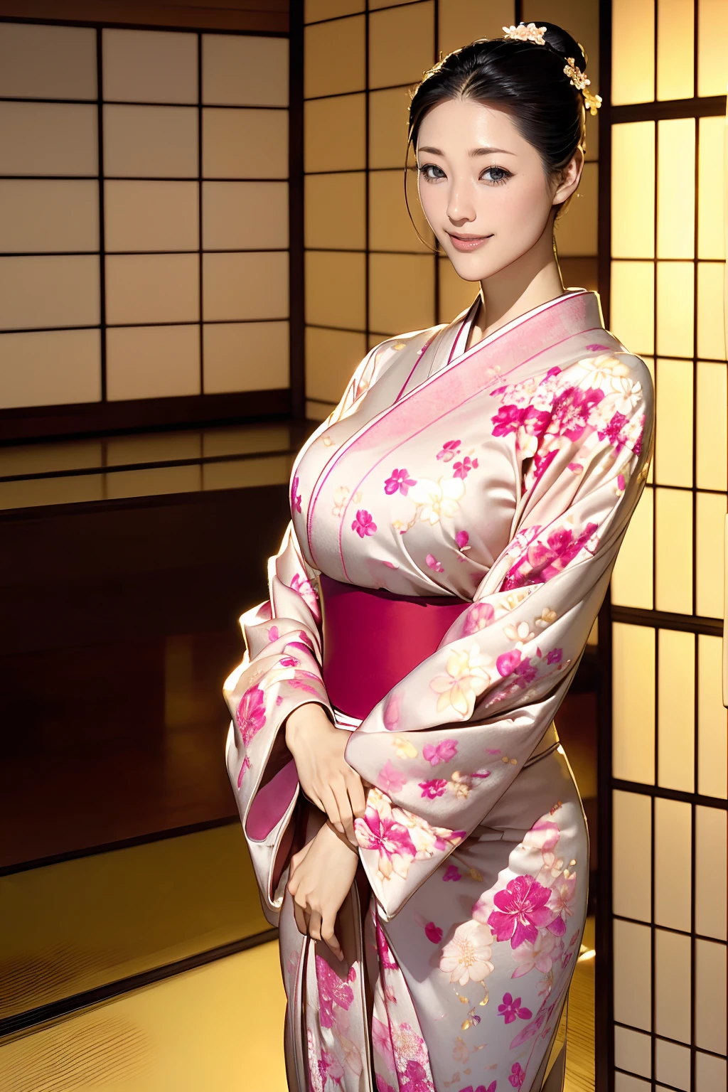 (Highest quality、Tabletop、Best image quality、Award-winning works)、 Beautiful hostess、(A beautiful kimono with an elegant and gorgeous floral pattern:1.3)、Perfect female portrait photography、Glowing Skin、Standing Elegantly、(Elegant blurred background of a Japanese-style room in a luxury ryokan:1.3)、(The most elegant Japanese style room:1.1)、(Elegant and beautiful shoji screens:1.1)、(Elegant and beautiful sliding doors:1.1)、Tatami room、(An elegant and perfect Japanese-style room:1.1)、(The most romantic and moody:1.1)、(Tyndall effect:1.2)、Great cinema lighting、Glowing Skin、smile、(Large Breasts:1.1)、(Voluptuous body:1.1)、Accentuate your body lines、Upper body photo、Hair Bun、smile、Standing Elegantly、Elegant standing posture