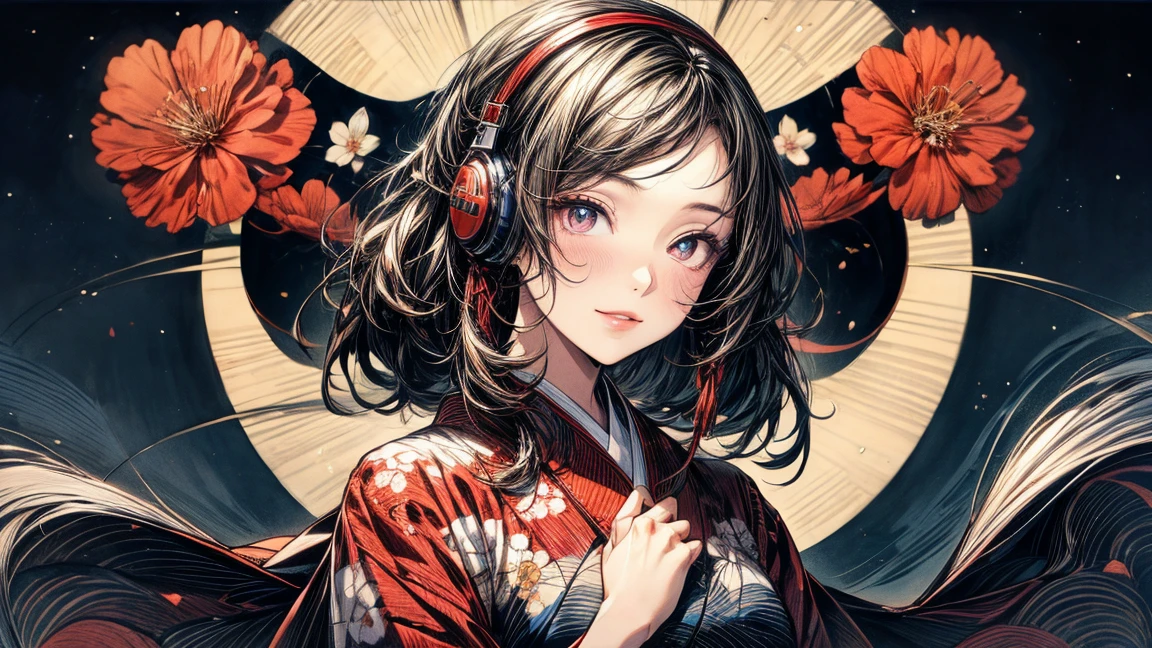 (Masterpiece, best quality), (ultra high resolution, 8K RAW photo, photo realistics:1.5, textile shading, pale tones, thin outline), woman in a kimono, (wearing light purple hanfu:1.2), (wearing japanese kimono:1.2, traditional japanese, japanese clothes), (classy yukata clothing, flowers printing in clothes), wearing a haori, (milf:1.5, 20 years old, solo), (narrow waist, curvy bodies), (medium hair, hair over one eye, asymmetric hair, half updo hair), (bright pupils, detailed eyes, high detailed face, half closing eyes), eye rush, (smiling, shamed), (looking at viewers:1.3), (dynamic angle, from little above:0.7), (correct anatomy:1.5, correct hands), (ideal ratio of body proportions), ((background: night, starry sky)), ((headphones)), ((ukiyo-e style)),