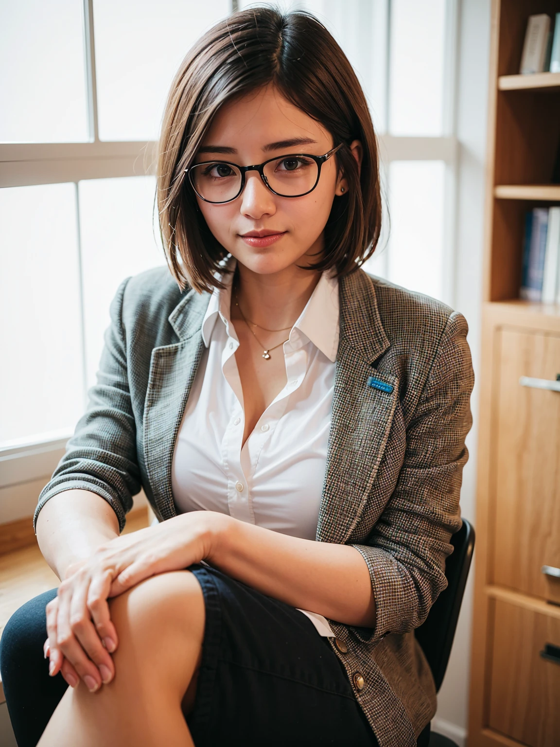 Top Quality, A beautiful, short-haired woman with an intelligent and sophisticated look, Shy-smile, wearing stylish eyeglasses that accentuate her sharp, inquisitive eyes. Her hair is neatly styled in a modern, short cut that complements her facial features, giving her a sleek and polished appearance. She is dressed in a crisp, professional outfit, perhaps a blazer or a blouse, with subtle details that highlight her refined taste. suggesting her intellectual nature. The background is a minimalist office or library, with soft lighting that enhances her calm and focused demeanor."