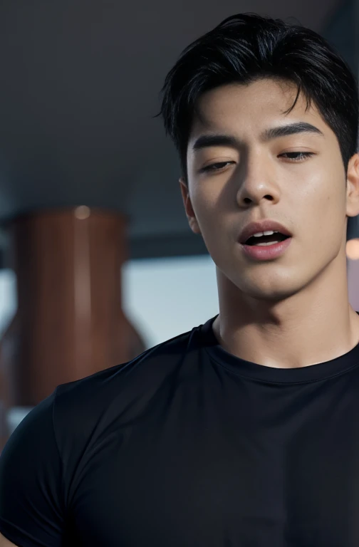 (Create a masterpiece: 1.2),(CGI art:1.3),(realistic:1.5),(After processing:1.3), (Sharp focus:1.3), 1 man, open mouth, smile, (Navy blue round neck t-shirt:1.3), Navy cargo pants, Korean guy , korean men, (High gloss details), chest muscles, large arm muscles, blood vessel, Big muscles, Broad shoulders, looking at the audience, Balancing the eyes, bedroom, Close your eyes.,(open mouth:1.1)，A sexy and charming watch，Color-narrowed