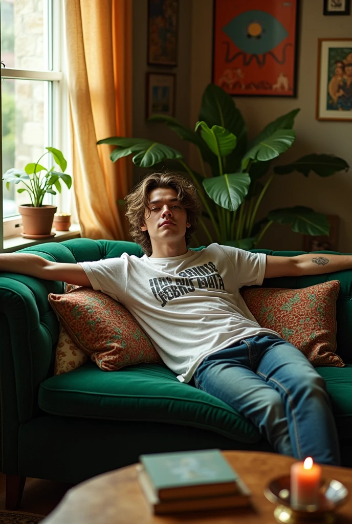 Harry styles shirtless sitting in a couch showing his armpits