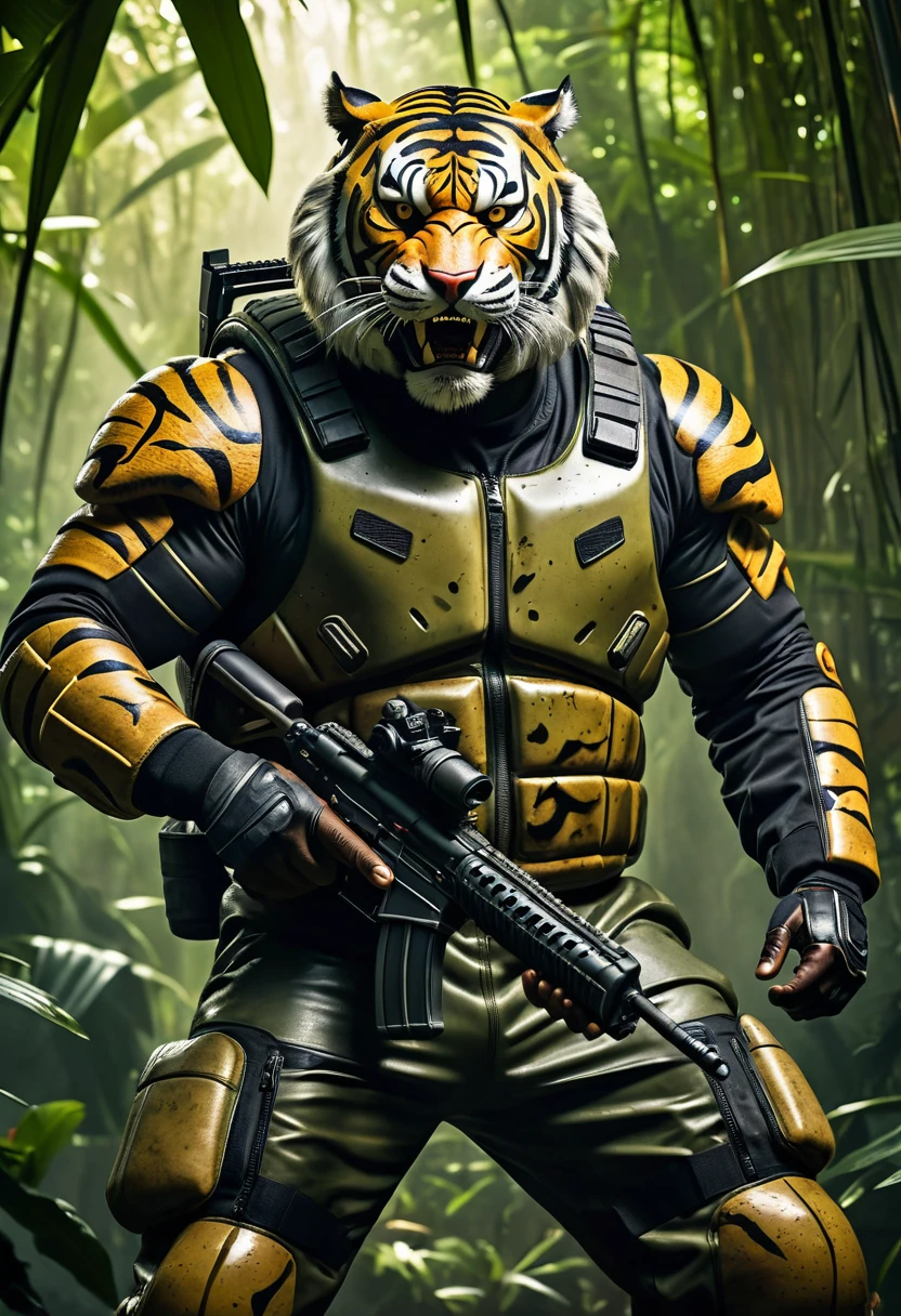 (a dark-skinned fat muscular old man in a bulky army camouflage zipper diver suit) carrying a machine gun, (wearing realistic roaring tiger mask), dynamic action pose, fierce expression, showcasing an imposing stature, surrounded by military elements, dramatic shadows and intense highlights, cinematic color tones, high detail, powerful, art influenced by Bruce Onobrakpeya and Stanley Artgerm, ultra-detailed, best quality image, action-packed atmosphere. fighting stance. jungle background