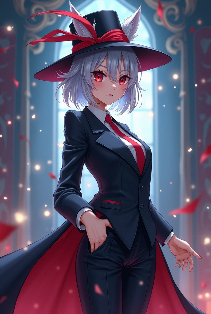 magician、Silver Hair、young woman、Anime characters、Big Breasts、silk hat、suit、Wolf Cut、stylish、Red Mesh、Cunning