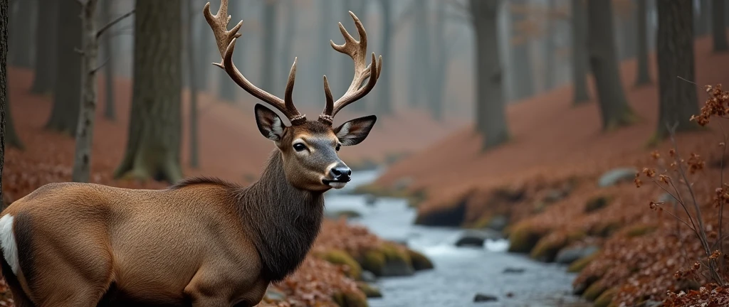 Photo of a male deer with beautiful, branched antlers looking towards the camera ,wild forest scenery filled with dry brown leaves,there is a cold spring stream at the foot of the hill, HD, 4k,realistic