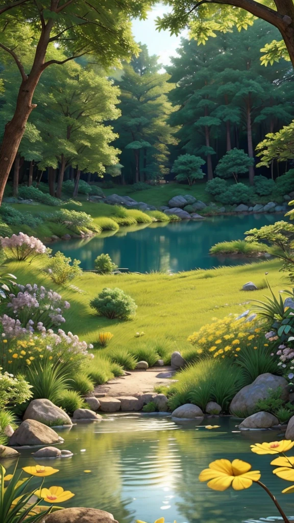 A quiet lake in the forest with sunlight streaming in Small flowers on the waterside In anime mysterious