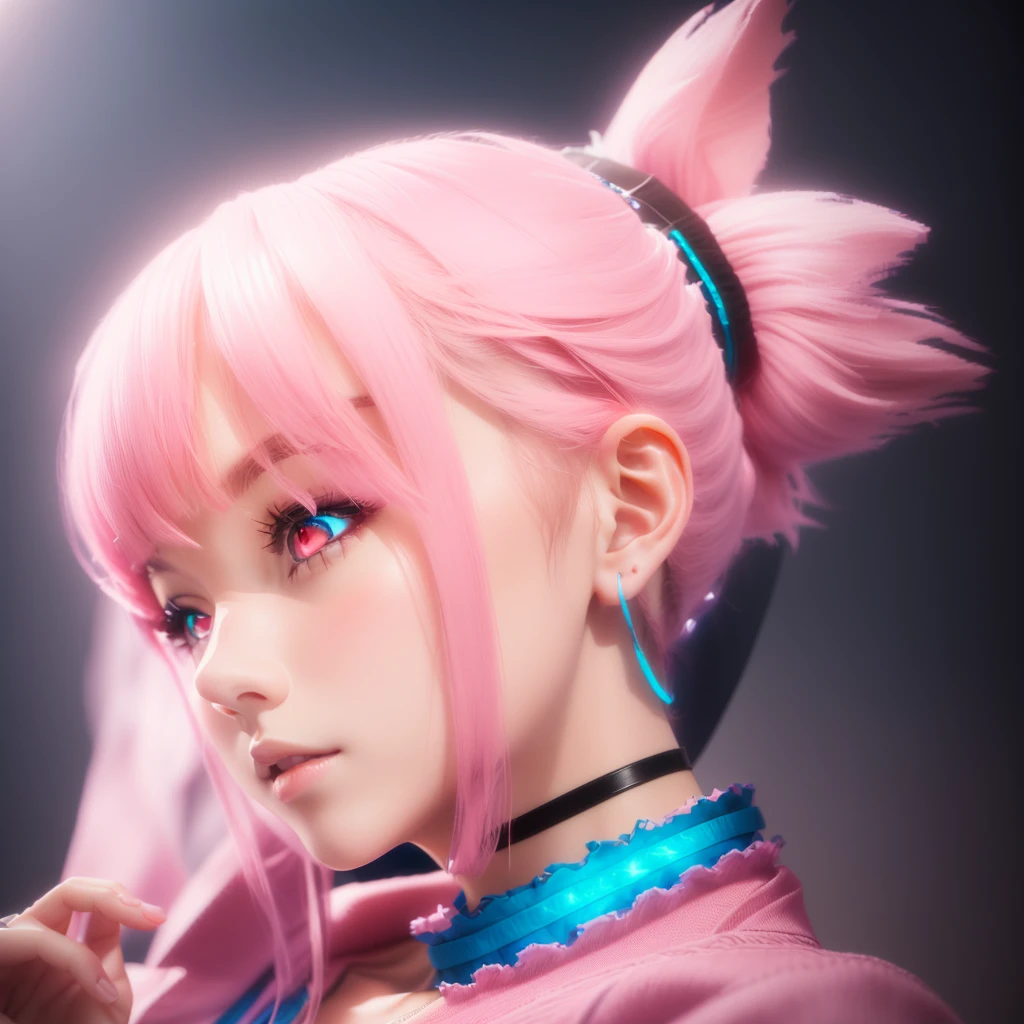Close-up of a person wearing a pink shirt and a pink choker, As a Tekken character, Pink pigtails and cyan eyes, Photorealistic anime girl rendering, Realistic Anime 3D Style, Anime-style 3D, 3D Anime Real, anime cgi style, Cute 3D anime rendering, Ultra realistic anime, Dead or Alive 6
