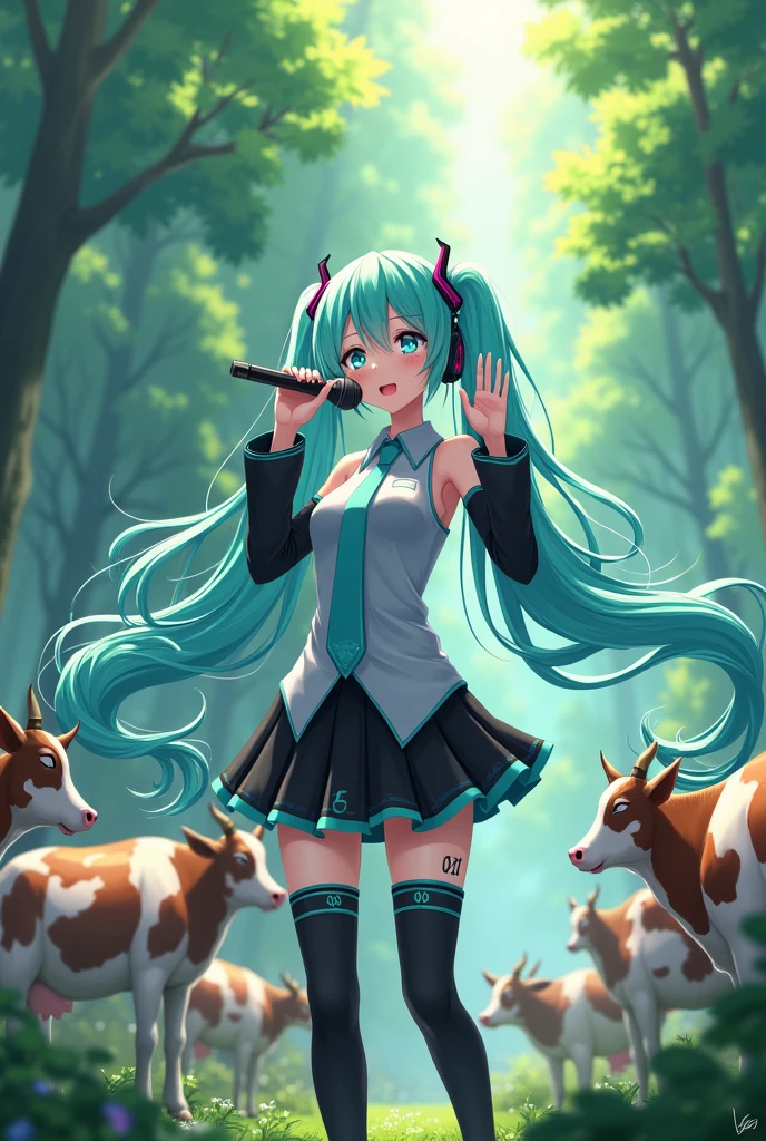 Anime art, anime style, detailed drawing, beautiful forest background background, high definition, high quality, one girl, solo, Hatsune Miku, aqua hair, twin tails, head ornament, headphones, number tattoo "01" (red, located on her right hand), grey sleeveless collared shirt, black detached sleeves with aqua lines, five fingers with aqua nails, aqua necktie, black pleated mini skirt with aqua lines, zettai ryouiki, thigh-high black boots with aqua lines.
Extremely anime art
Miku Hatsune holding a microphone; she is singing for cows