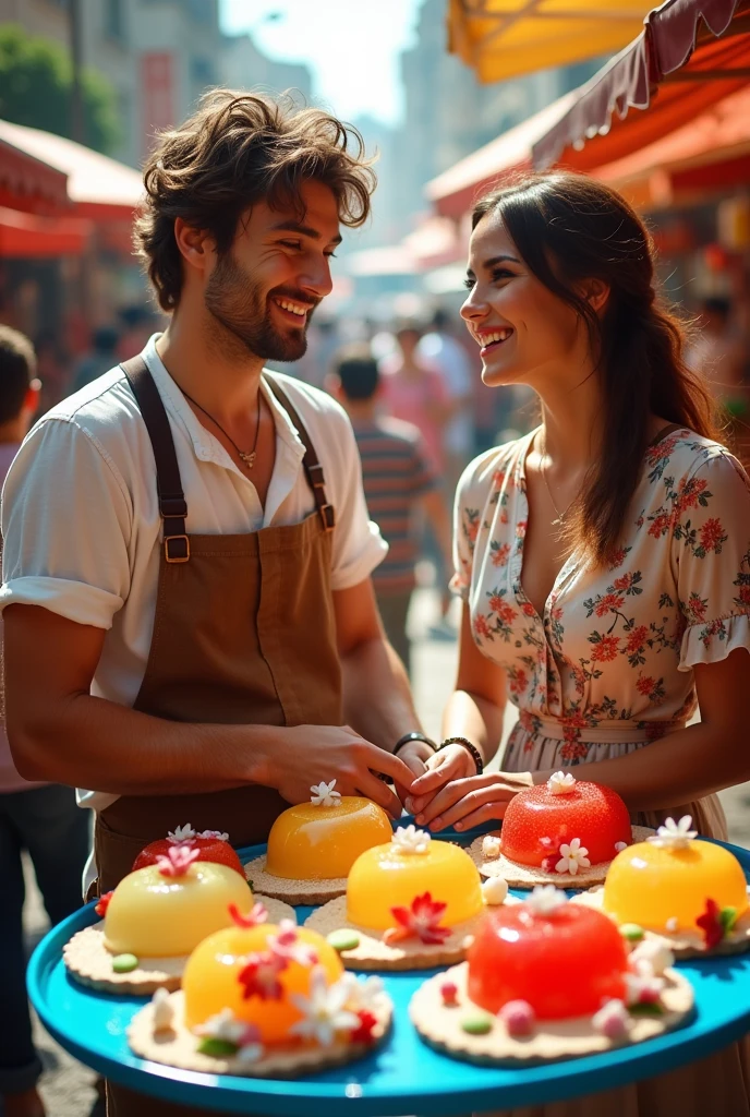 Man and woman selling desserts and gelatin on a blue tray