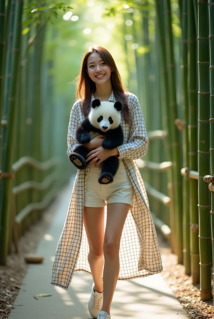 Glamor shot, beautiful Korean girl with white skin, well-groomed face, walking around in the bamboo garden, wearing a white and black checkered long shirt, holding a panda, white Jordan sneakers shorts, looking very happy. Beautiful bamboo forest background for original photo studio photos