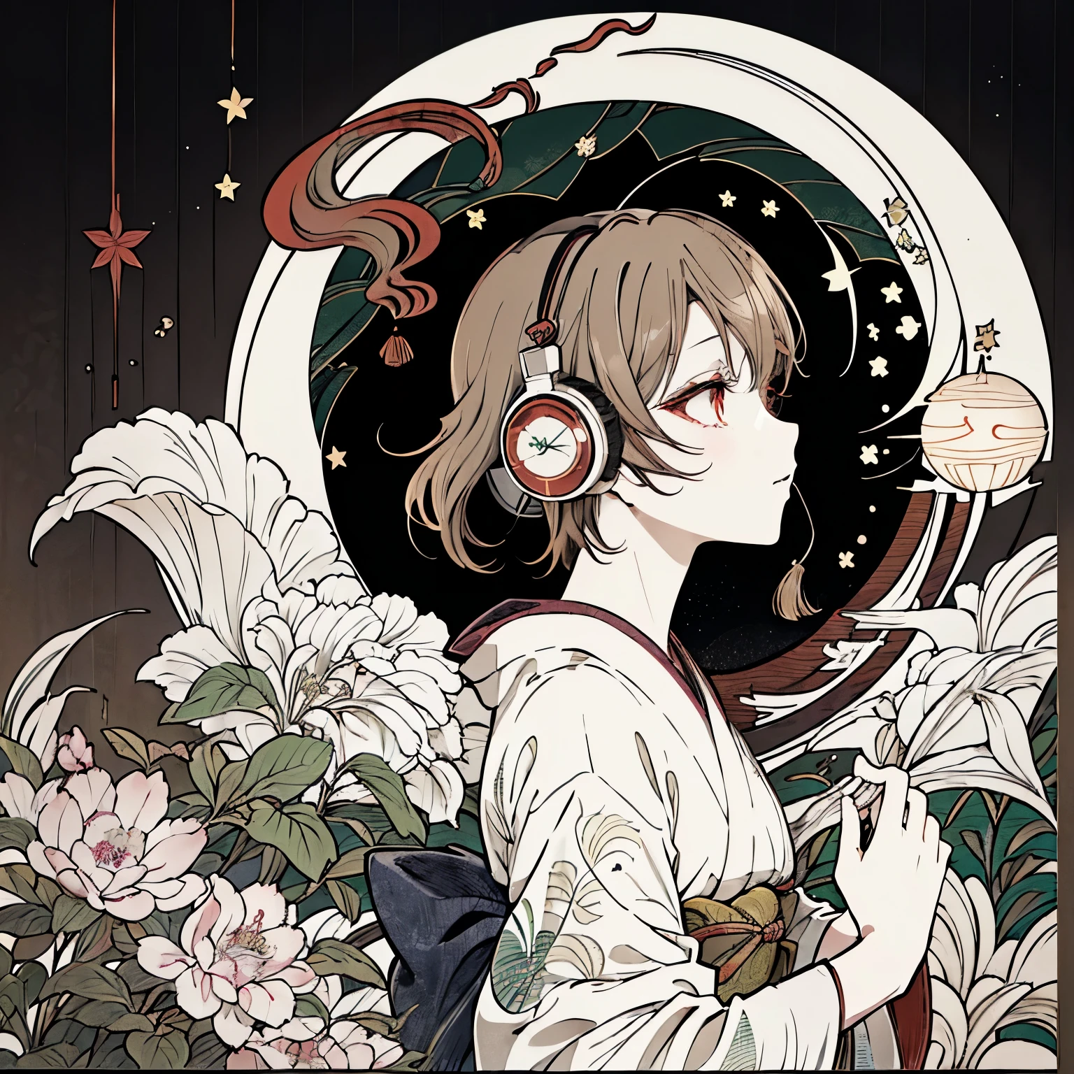 Highest quality, Tabletop, (girl, kimono, Red eyes, profile, Wavy short hair, Brown Hair, Upper Body), (moon, Greenish foliage), Long eyelashes, alone, firework, ((background: night, starry sky)), ((headphones)), ((ukiyo-e style)),