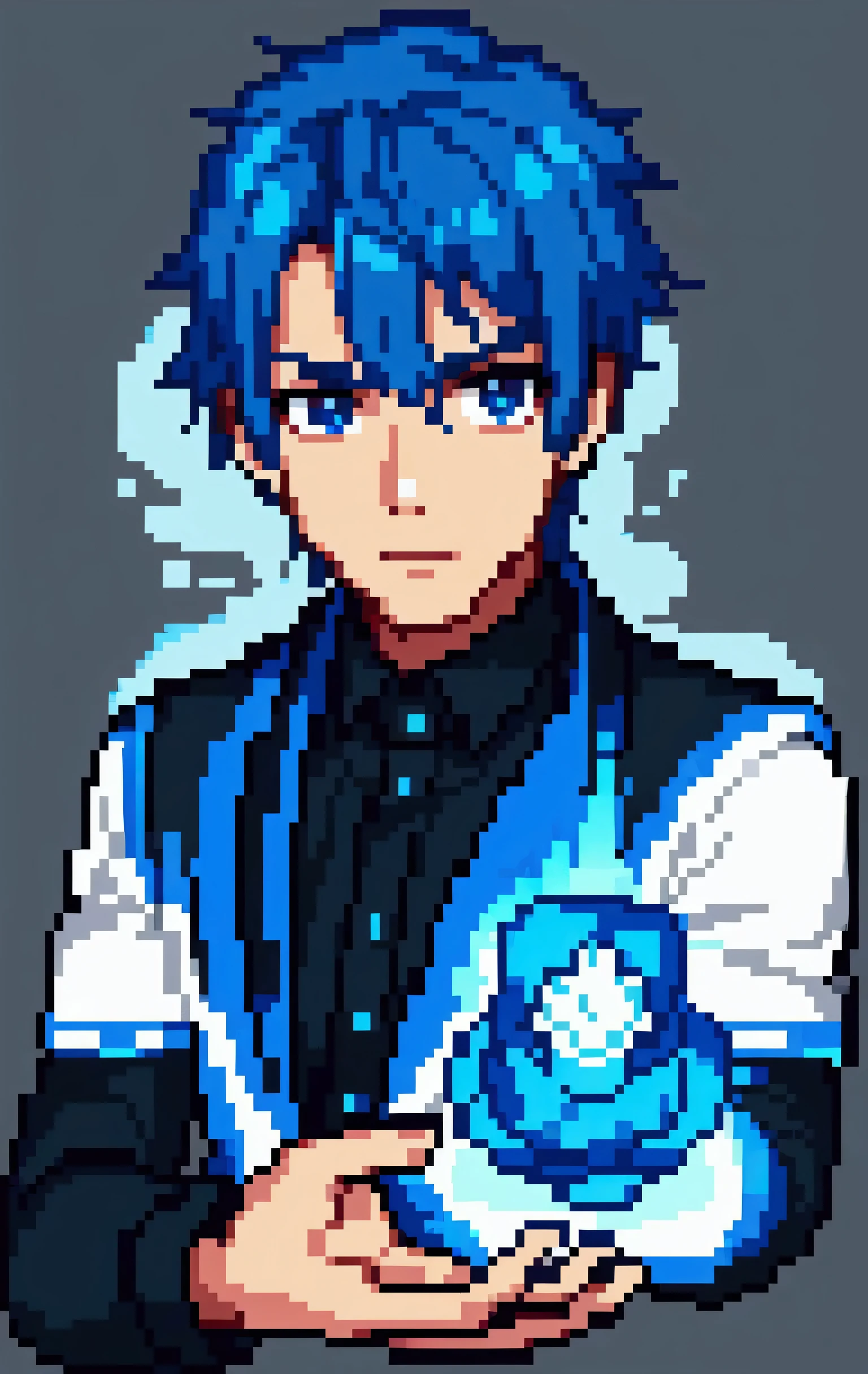 Blue haired boy wearing black clothes with white details, He also has the power to control various elements
