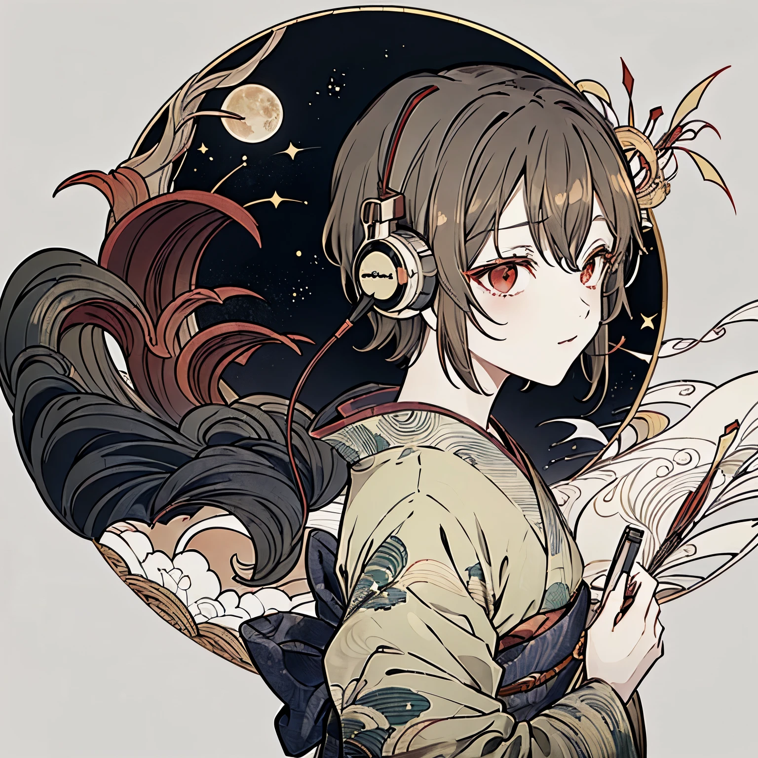 Highest quality, Tabletop, (girl, kimono, Red eyes, profile, Wavy short hair, Brown Hair, Upper Body), (moon, Greenish foliage), Long eyelashes, alone, firework, ((background: night, starry sky)), ((headphones)), ((ukiyo-e style)),