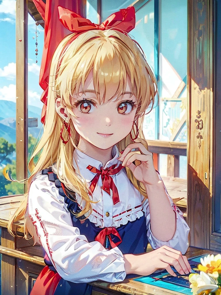 (RED Ribbon on HAIRband:1.2),cowboy shot,,a young GIRL with Blonde hair, smiling, posing on the ROOM, 1girl, jewelry, earrings, solo, realistic, hoop earrings, outdoors, looking at viewer, smile, Blonde hair,