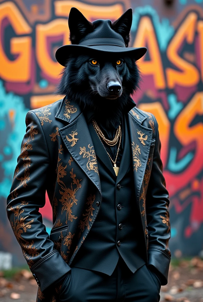  Black serious wolf with gangster clothes under letter “GOAT DISPATCH TEAM”