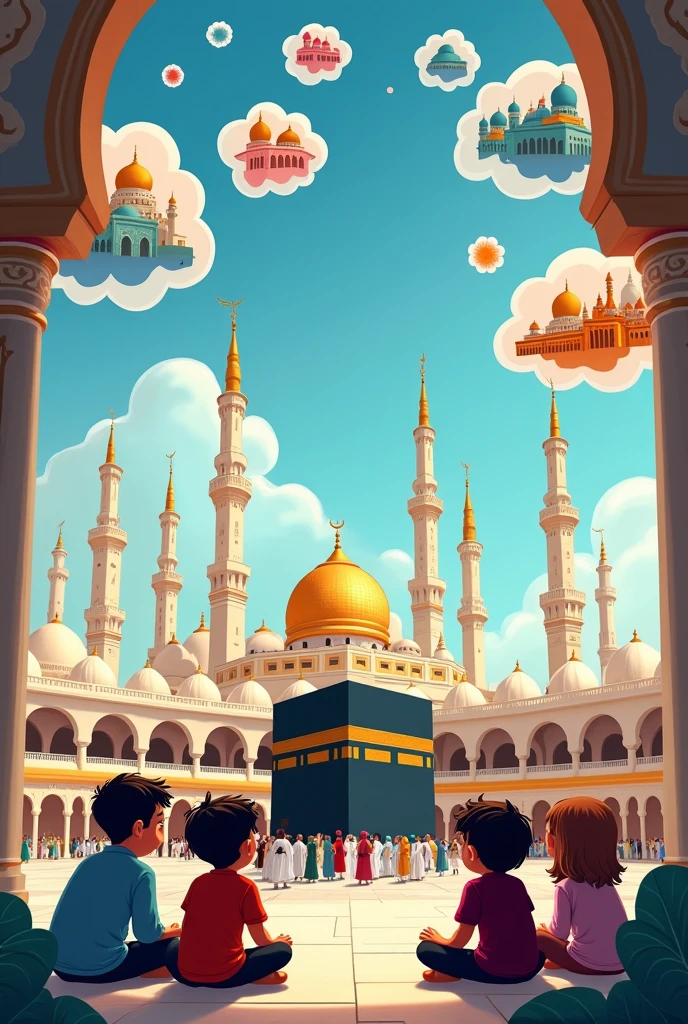 Baitul aqsa, kaba and masjide nababi. These 3 mosques will be in a same frame. Cartoon painting style. For a book cover. There will be muslim children. listening to the story of these 3 mosques. And the images of these mosques will be in their mind. They wish to visit these 3 mosques 
