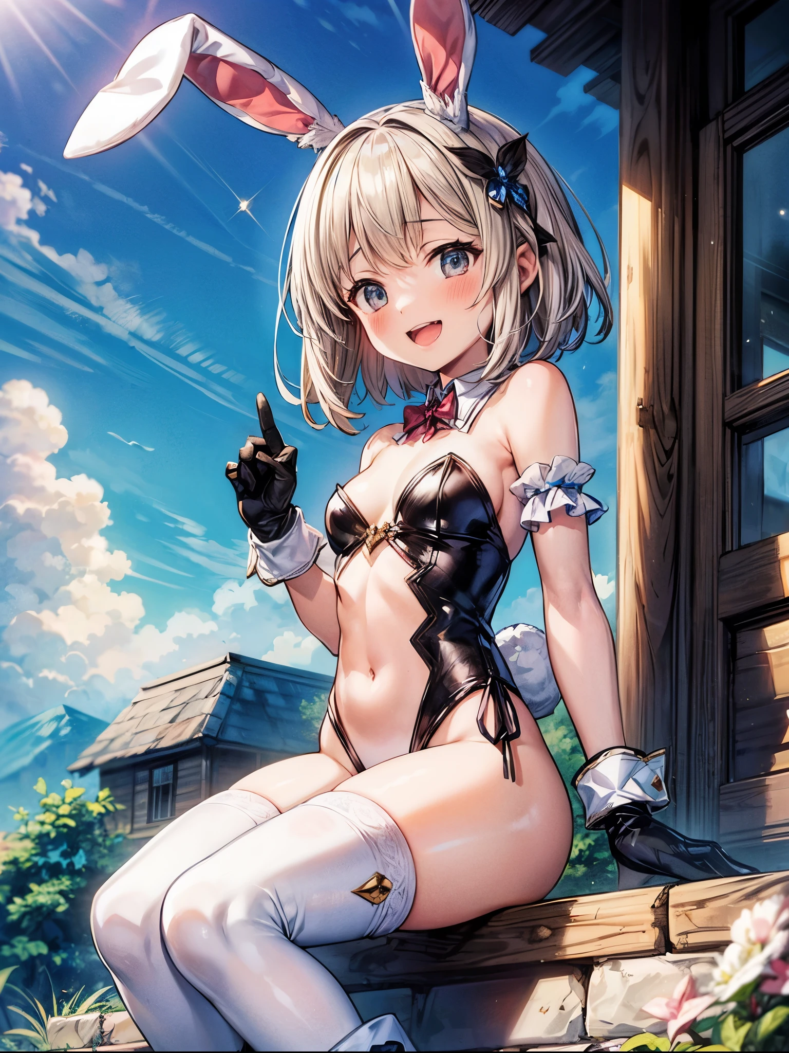 GRANBLUEfantasy,ung_teeirl,brown_hair,medium_bob_hair,platina_blond_hair,white_leotard,covered_crotch,thigh-highs,smile,standing,bluesky_landscape_background,slightly_spread_legs,happiness, short_gloves ,solo, r18, navel,relicbuster,short,boots,open_mouth,sitting,knees,blush,shy,bunny_ears