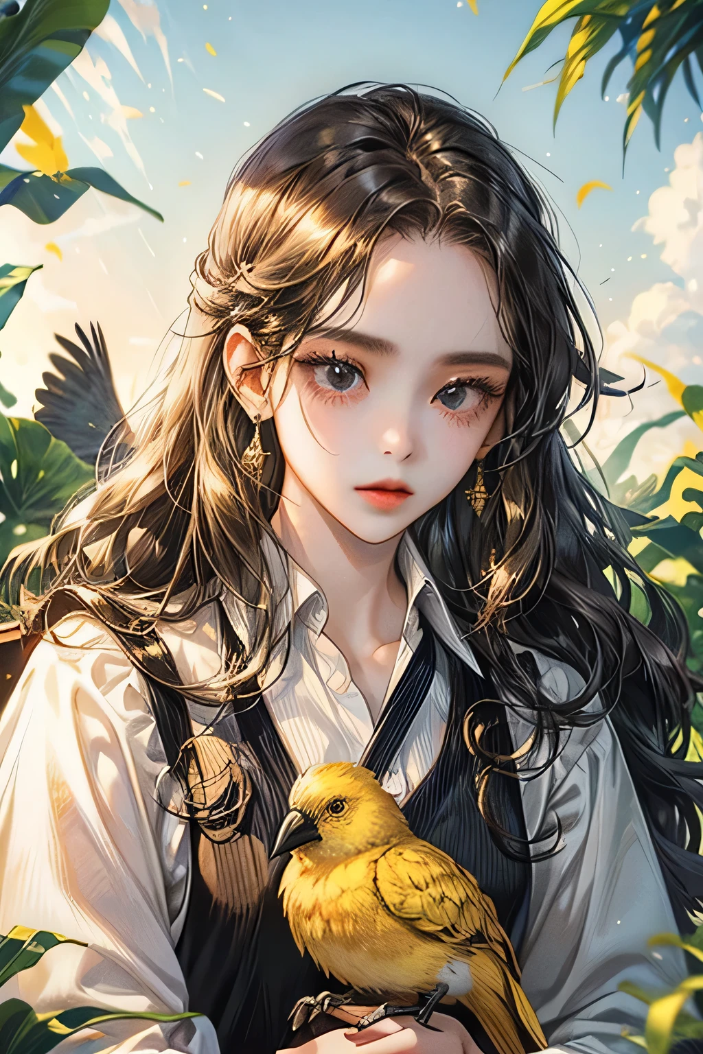 young girl, long curly hair, black eyes, white shirt, sweping the yard with 1gold bird in her hand
