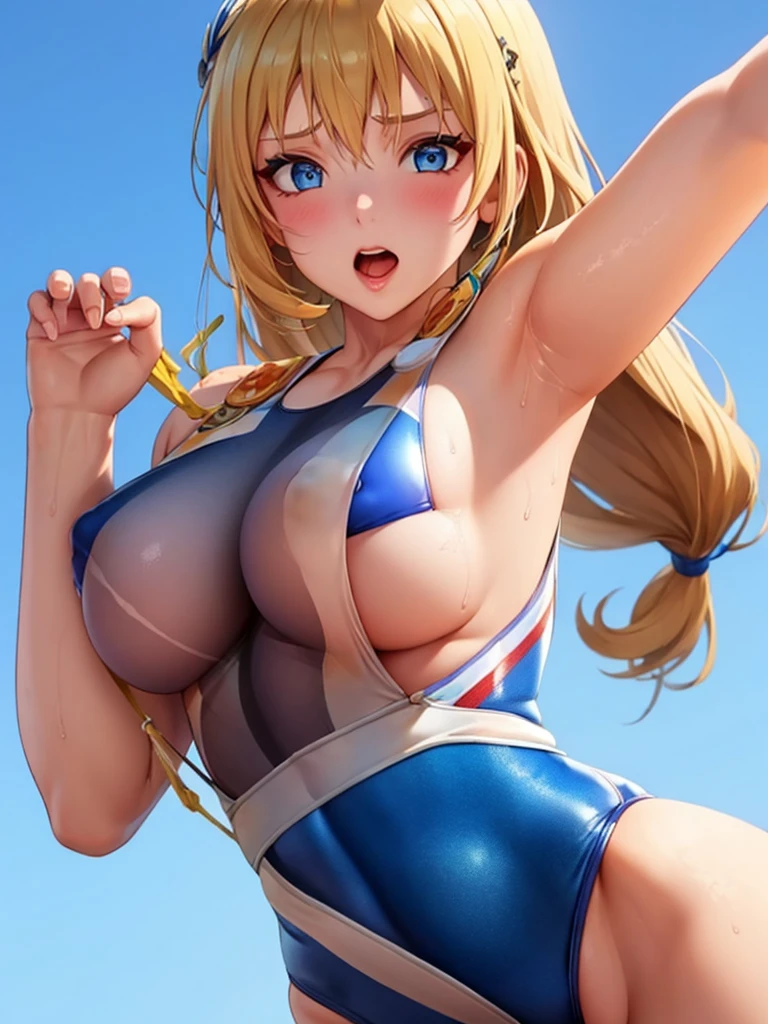 (White background, 1girl:1.4), BREAK,Long blonde hair, blue eyes,Narrow waist,voluptuous Breasts,(one-piece competitive swimwear,one-piece competition swimsuit:1.6), blush,Open your mouth,(covered nipples:1.2)