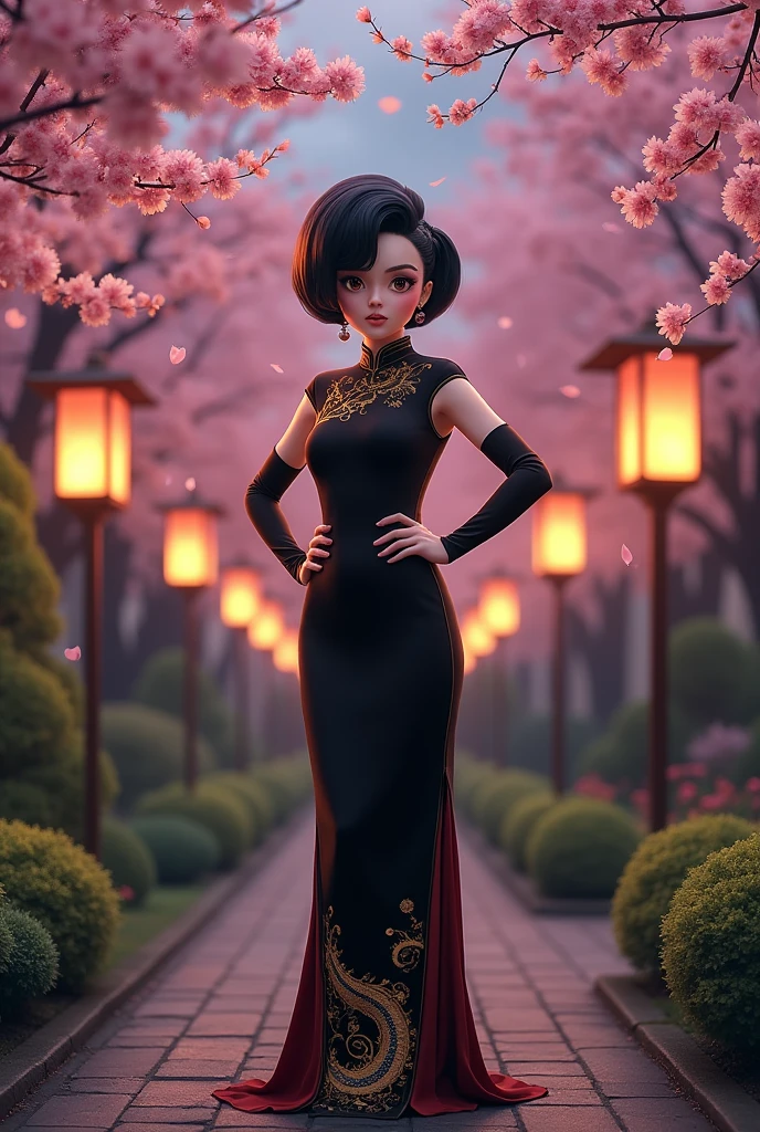 Bulma dans une robe chinoise noire.