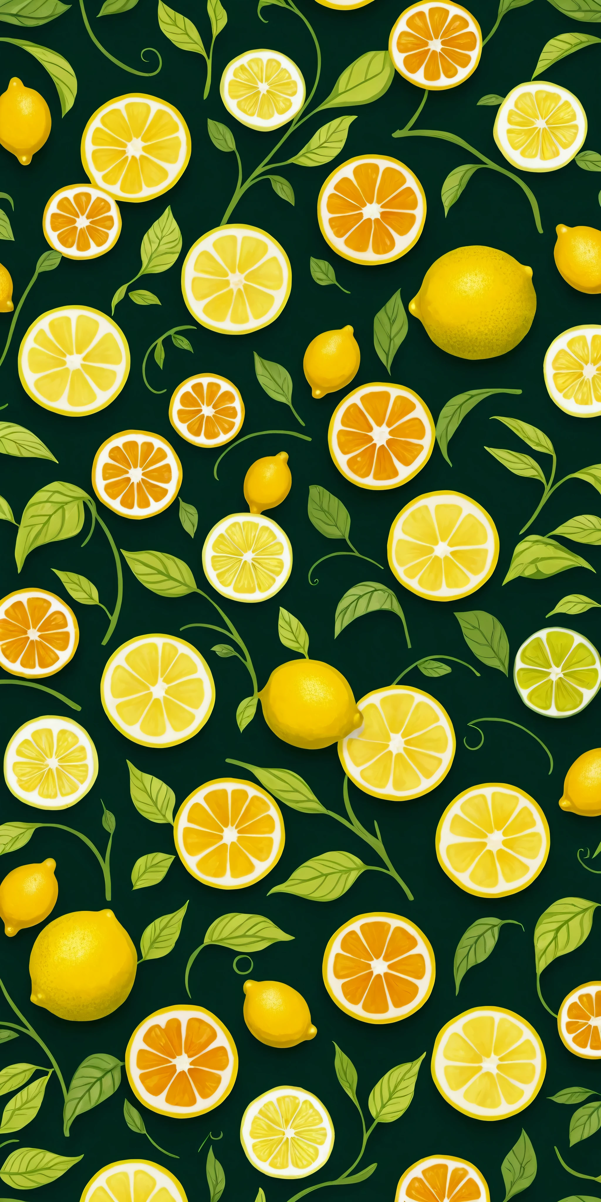 there are many lemons and oranges on a green background, with lemon skin texture, it has lemon skin texture, Summer color pattern, Seamless pattern design, made in illustrator, lemons, Amazing food illustration, green and yellow in color, arms of lemons, lemon, illustration, Adobe Illustrator Art, lemons on the ground, Colorful illustration, green and tones