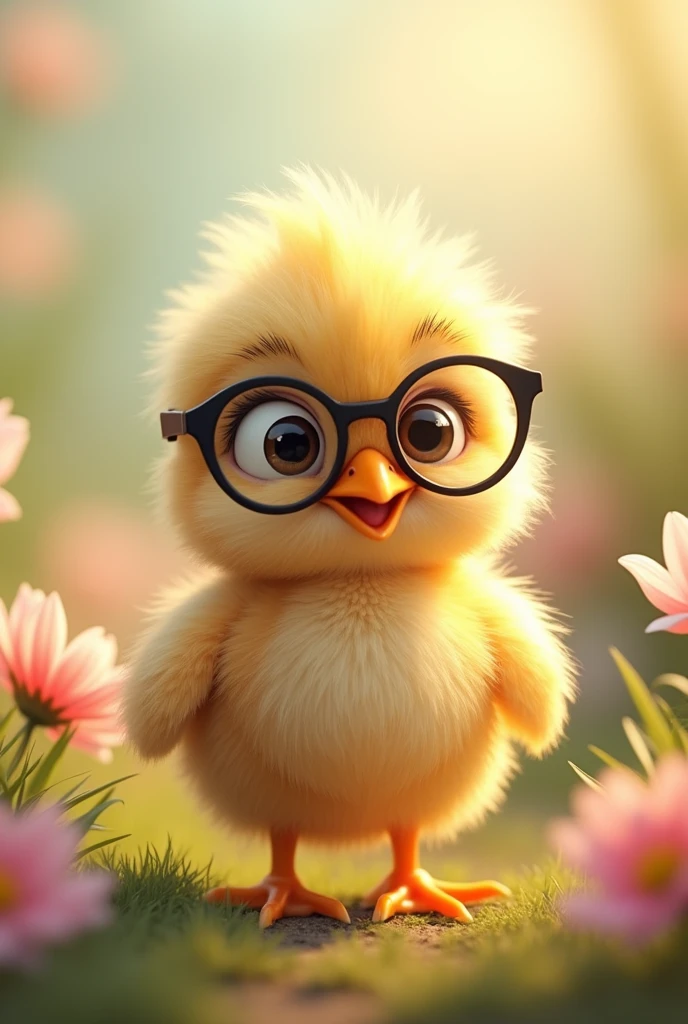"A fluffy cartoon chick with messy feathers and a quirky expression, wearing large round glasses. The chick has wide, expressive eyes, giving it a cute and humorous look. The scene is detailed with a soft focus on the chick, capturing the texture of its feathers and the light reflection on its glasses."
