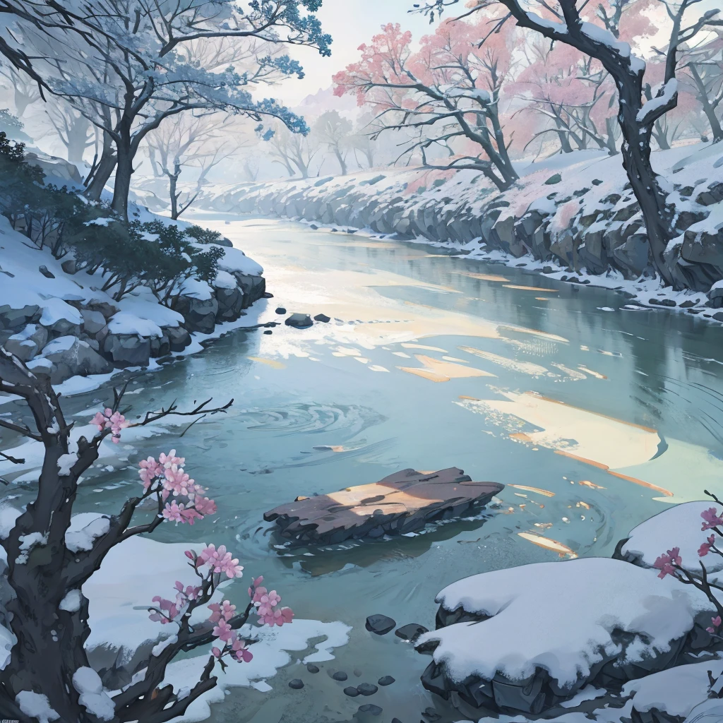 river, flowers, 8k, hd, unreal engine, snow