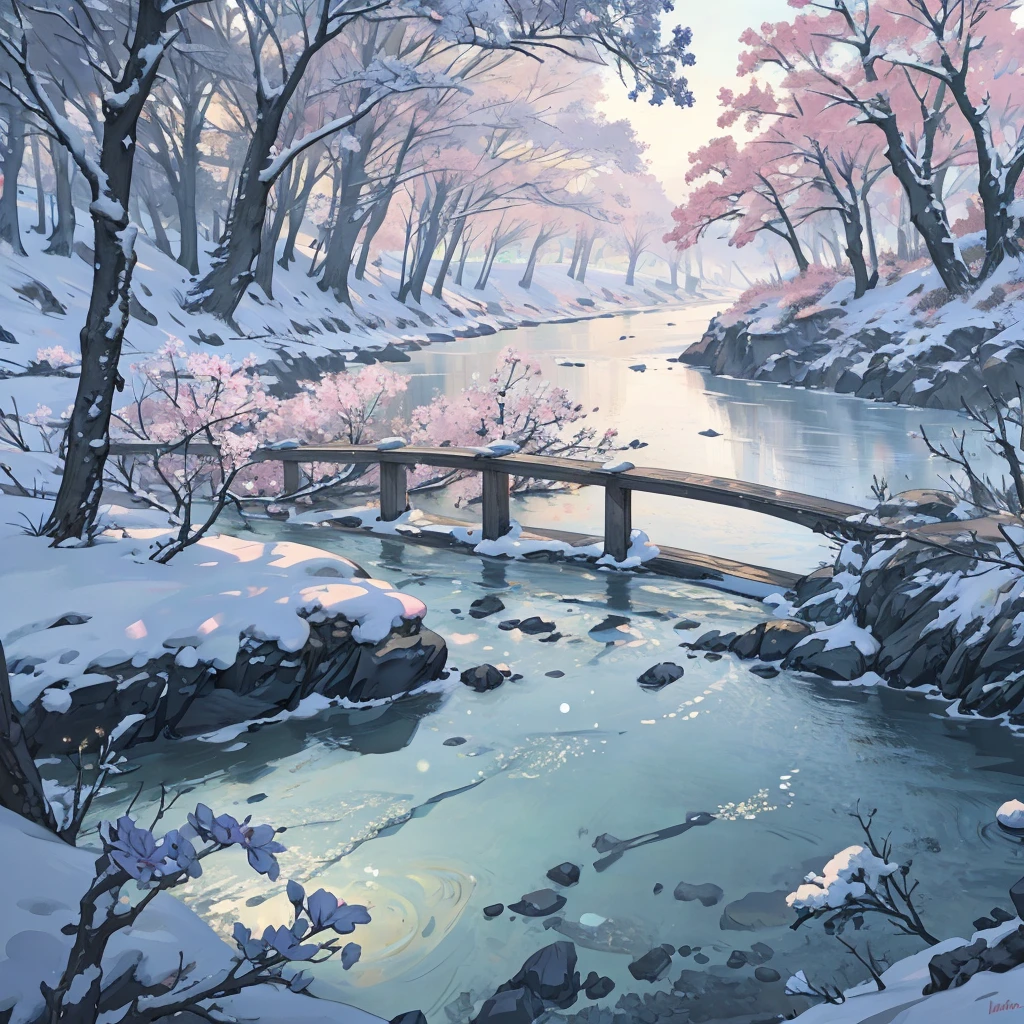 river, flowers, 8k, hd, unreal engine, snow