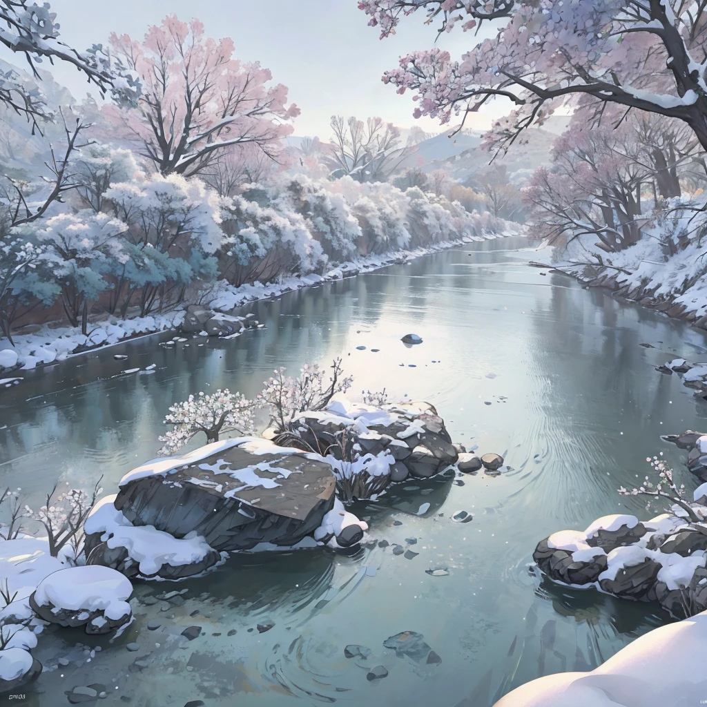 river, flowers, 8k, hd, unreal engine, snow