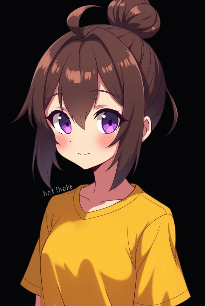 Gamer , black background , Anime girl , brown hair colour , hair bun style , yellow T-shirt , purple eyes , empty eye lens , uncaring eye , smile