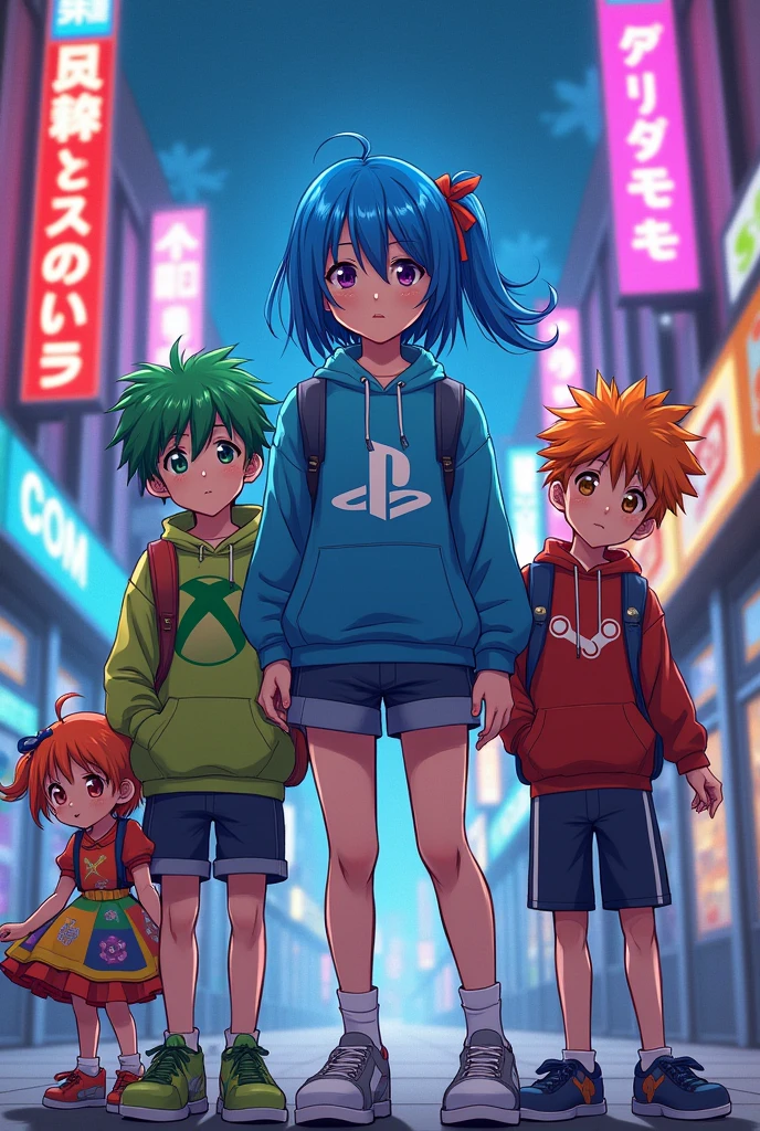 Une fille le logo PlayStation. I'm with a boy who wears the Xbox logo, a girl who wears the Nintendo logo, and a boy friend who wears the Steam logo, manga version.