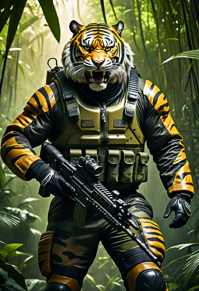 (a dark-skinned fat muscular old man in a bulky army camouflage zipper diver suit) carrying a machine gun, (wearing realistic roaring tiger mask), dynamic action pose, fierce expression, showcasing an imposing stature, surrounded by military elements, dramatic shadows and intense highlights, cinematic color tones, high detail, powerful, art influenced by Bruce Onobrakpeya and Stanley Artgerm, ultra-detailed, best quality image, action-packed atmosphere. jungle background