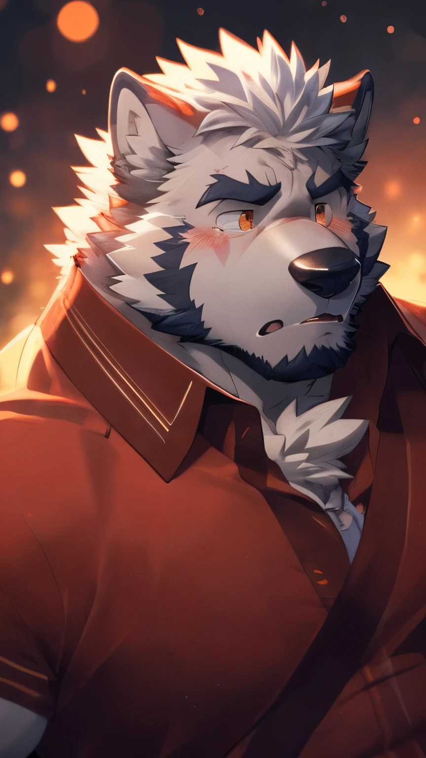 human nature, wild animals, male, 36 years old，uncle，solitary, ((Round Face, The face is plump,  Orange Eyes, Thick white hair，Scars)), ((Endomorph, Handsome，Hot Blood)), （Mecha suit，no electricity，exhausted), ((domestic white wolf, Wolf Orc) Fluffy fur, Fluffy, White Stripes),  (wolf print), Bokeh, (high quality, high resolution, masterpiece), (Dynamic Lighting, Vibrant colors), (sad，Tears，blush), Full body pictures (Vision), cartoon, author：Takemoto Arashi, From Zixiong, author：Chunni, author：Ethereal，（background：Rainforest）