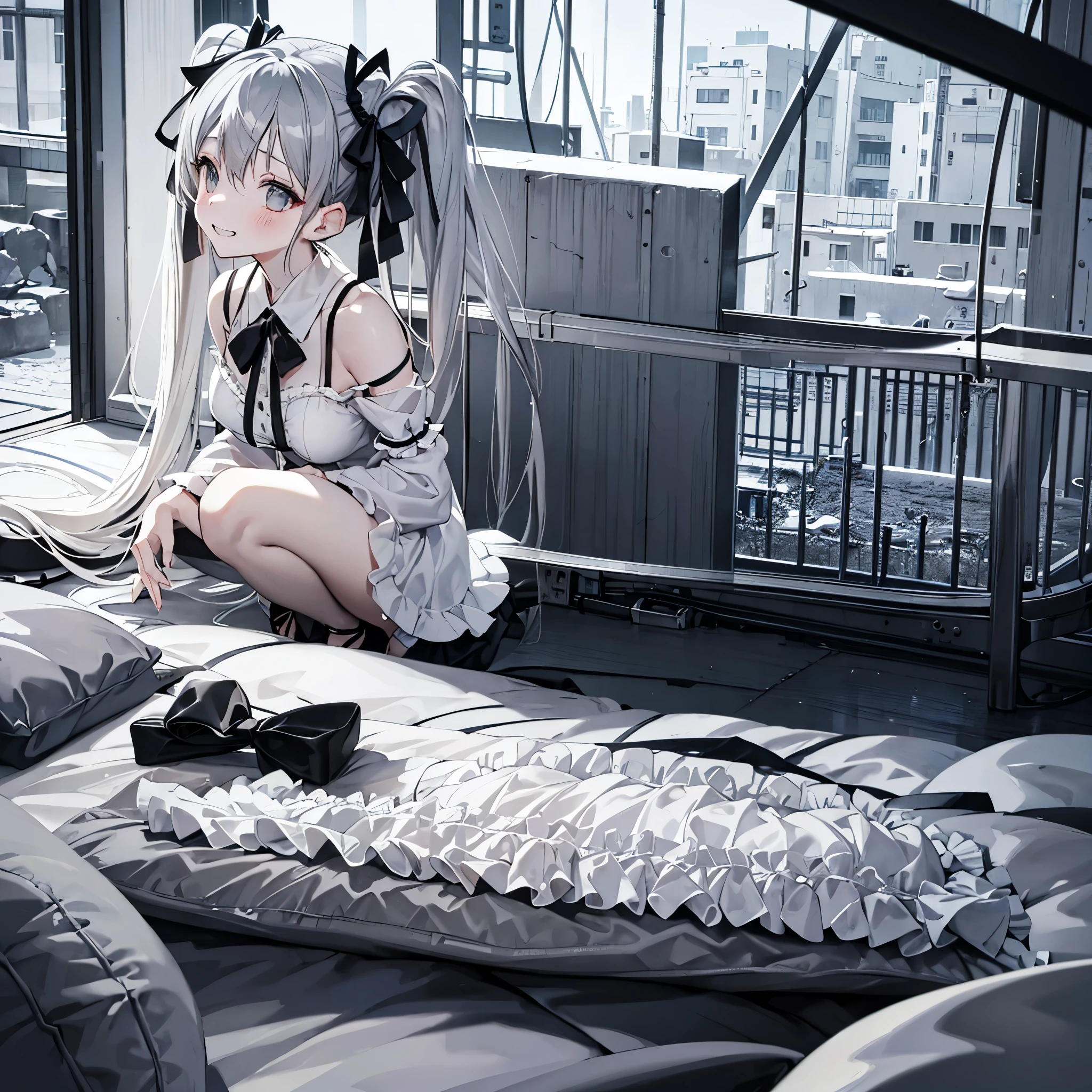 Gray Hair、Twin tails、Hata、Disdainful look、Black Ribbon、White world、alone、laugh at、monotone、lingerie
