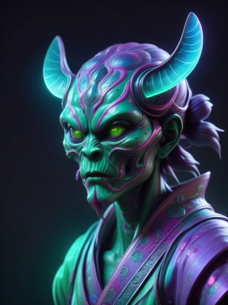 a large luminous brother samurai with elegant cryptidcore style, neon green and purple color, anaglyph filter, hyperrealistic, 8k, ultra-detailed, (best quality:1.2), (realistic:1.37), cinematic lighting, concept art, by Marek Okon and dan mumford, 