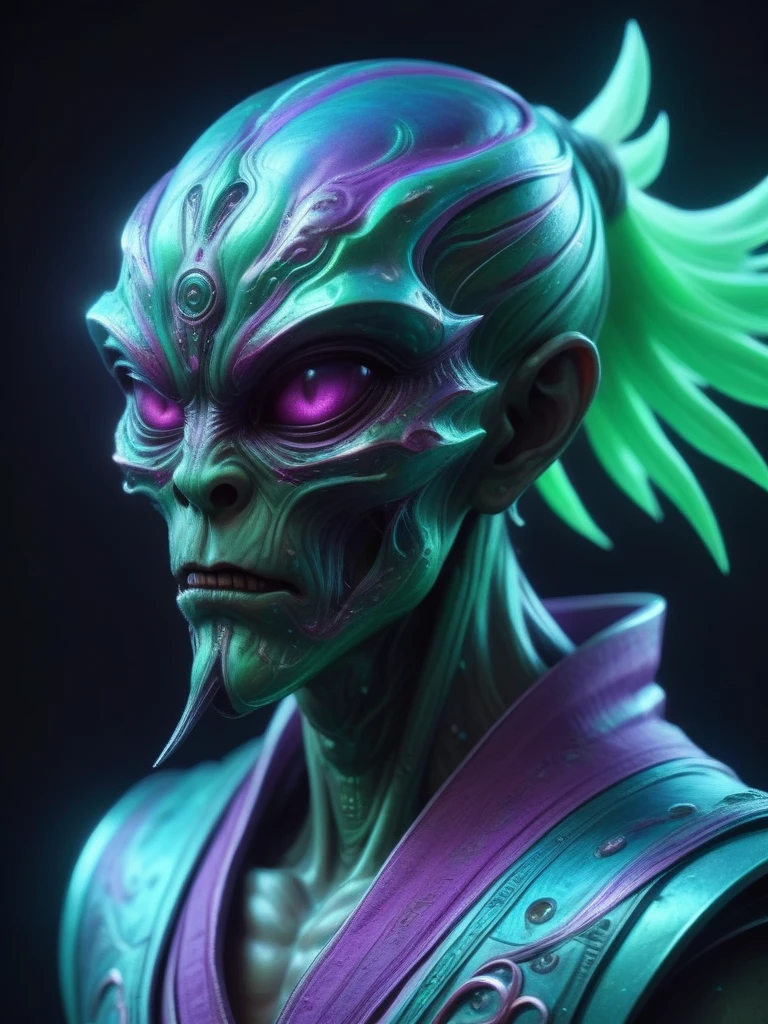 a large luminous brother samurai with elegant cryptidcore style, neon green and purple color, anaglyph filter, hyperrealistic, 8k, ultra-detailed, (best quality:1.2), (realistic:1.37), cinematic lighting, concept art, by Marek Okon and dan mumford,