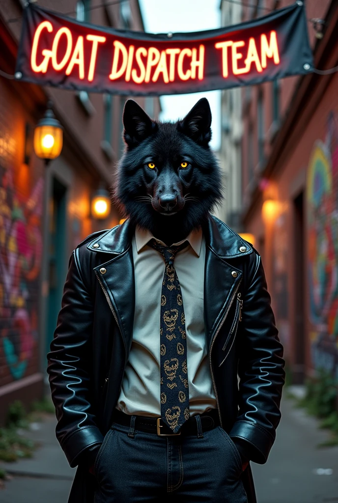 Black serious wolf with gangster clothes under letter “GOAT DISPATCH TEAM”