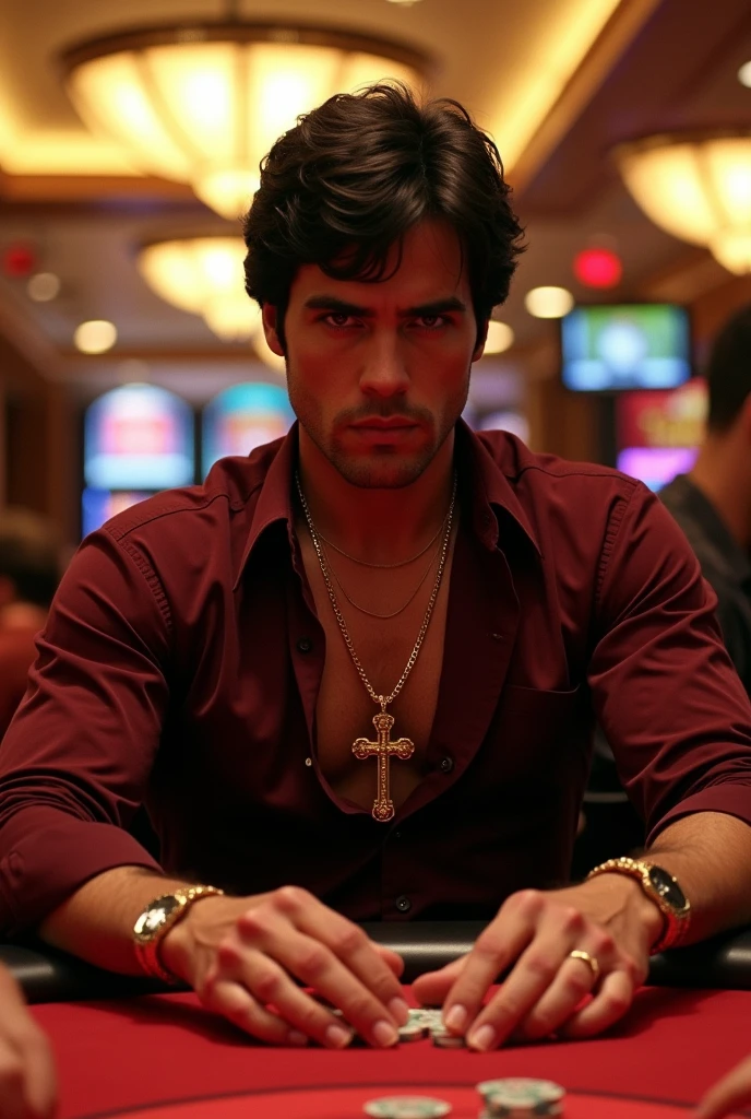 Create Scarface from the movie dressed in a wine-colored shirt, with a gold torsal with a gold cross and black bag playing poker in the casino, and a lucky gold ring  carrying a plate that says MHZ