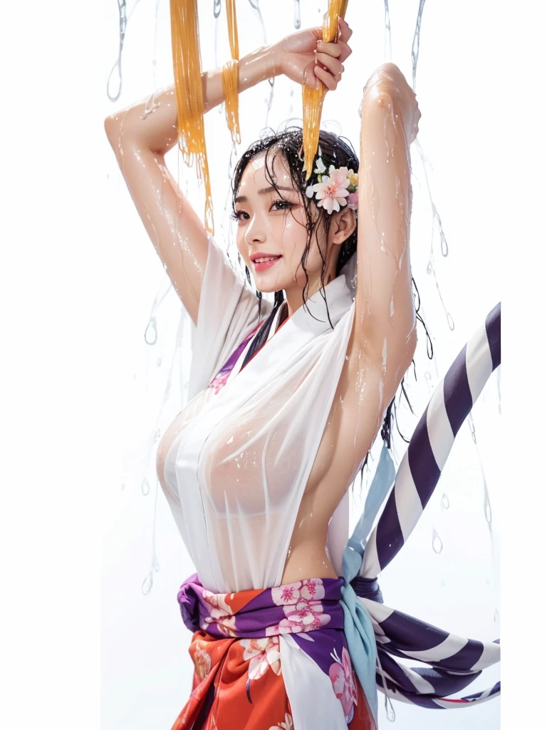 Beautifull girl, Full body view, kimono, ultpra-gigantic breasts, Best quality, 4k, very long hair, ((wet, wet, wet body :1.2)), ultra-detailed face, detailed lips, detailed eyes, double eyelid, detail body curve, smile