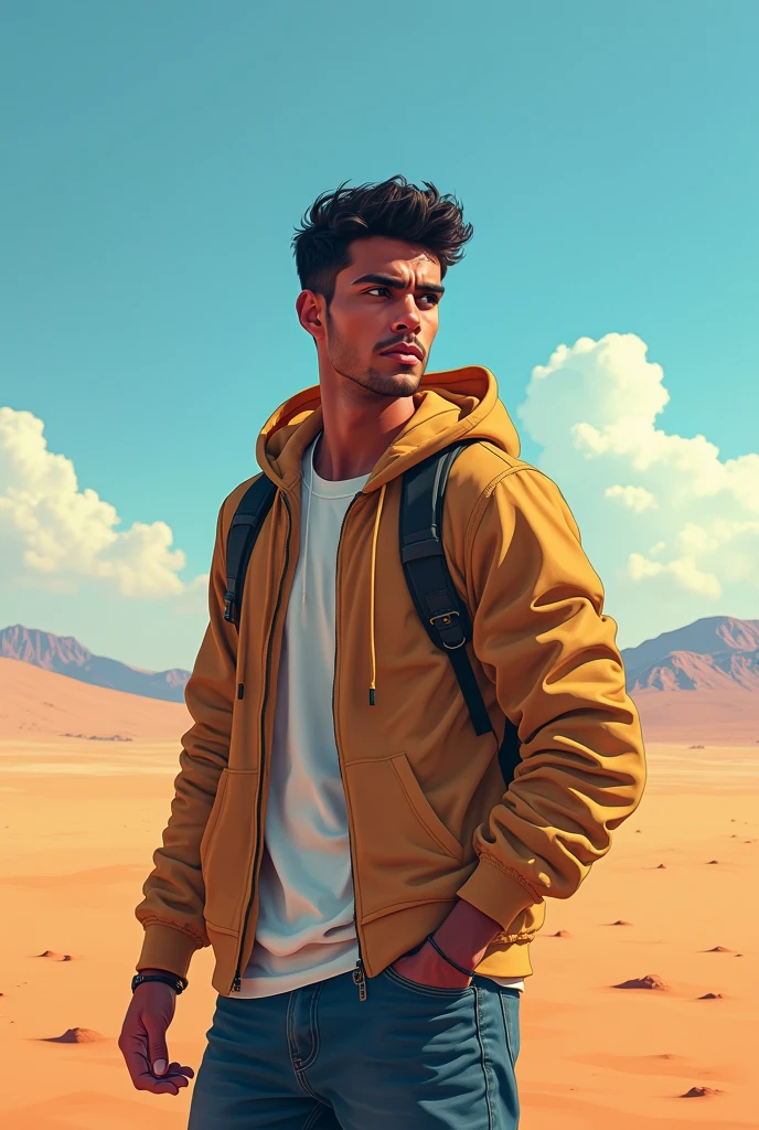 Crée une illustration d'un jeune homme Marocain visage creux sans cheveux et aux yeux noirs, portant un sweat-shirt à capuche et un jean. Il a un air déterminé et regarde vers l'horizon de corpulence moyenne et grand