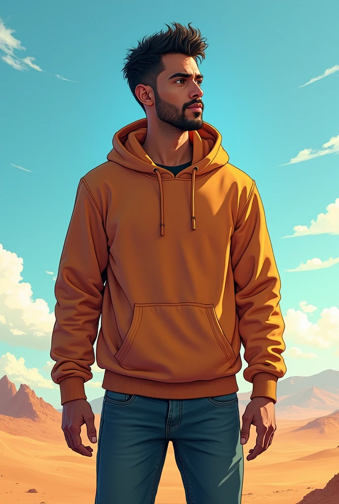 Crée une illustration d'un jeune homme Marocain visage creux sans cheveux  et aux yeux noirs, portant un sweat-shirt à capuche et un jean. Il a un air déterminé et regarde vers l'horizon de corpulence moyenne et grand 