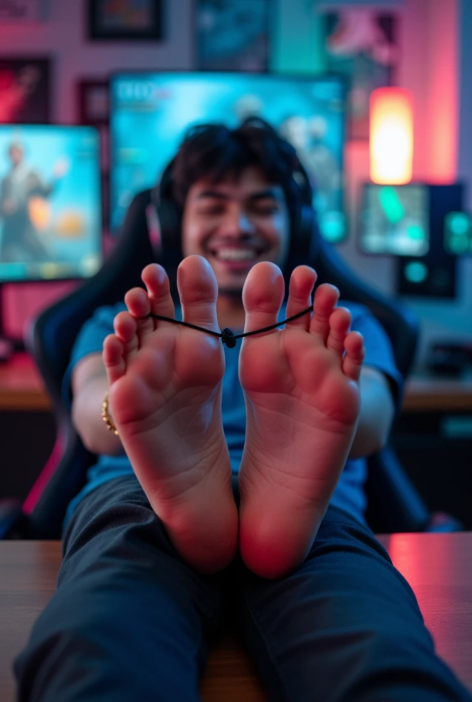Faker League of legends player showing his Bare feet on a Desk.
Feet over the table
5 toes each feet
Faker is a professional lol player but now he is showing his feet
He's being tickled in his feet
He's laughing
He's an Asian boy
He has his toes tied with a string